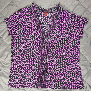 (XXL) Women's Y2K Merona Ruffled V-neck Blouse in Black with Purple Polka Dots